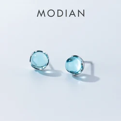 Modian Luxury Blue Crystal Sky Color Opal Round Stud Earrings Classic Charm 925 Sterling Silver For Women Trendy Jewelry Gift
