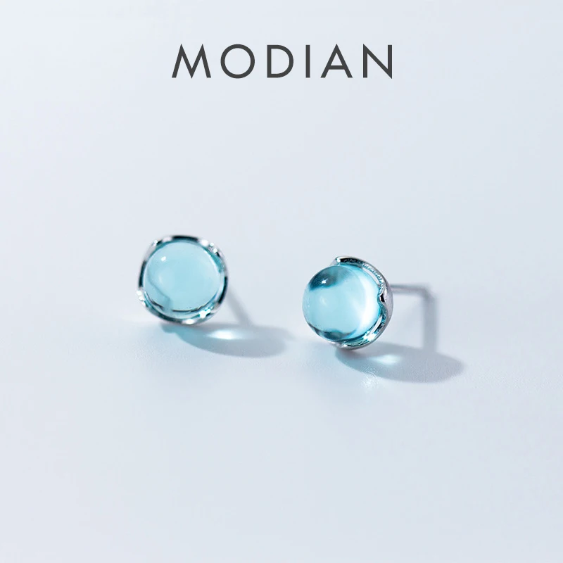 Modian luksusowe niebieski kryształ niebo kolor Opal okrągły wkręt kolczyki klasyczny urok 925 Sterling Silver dla kobiet Trendy biżuteria prezent