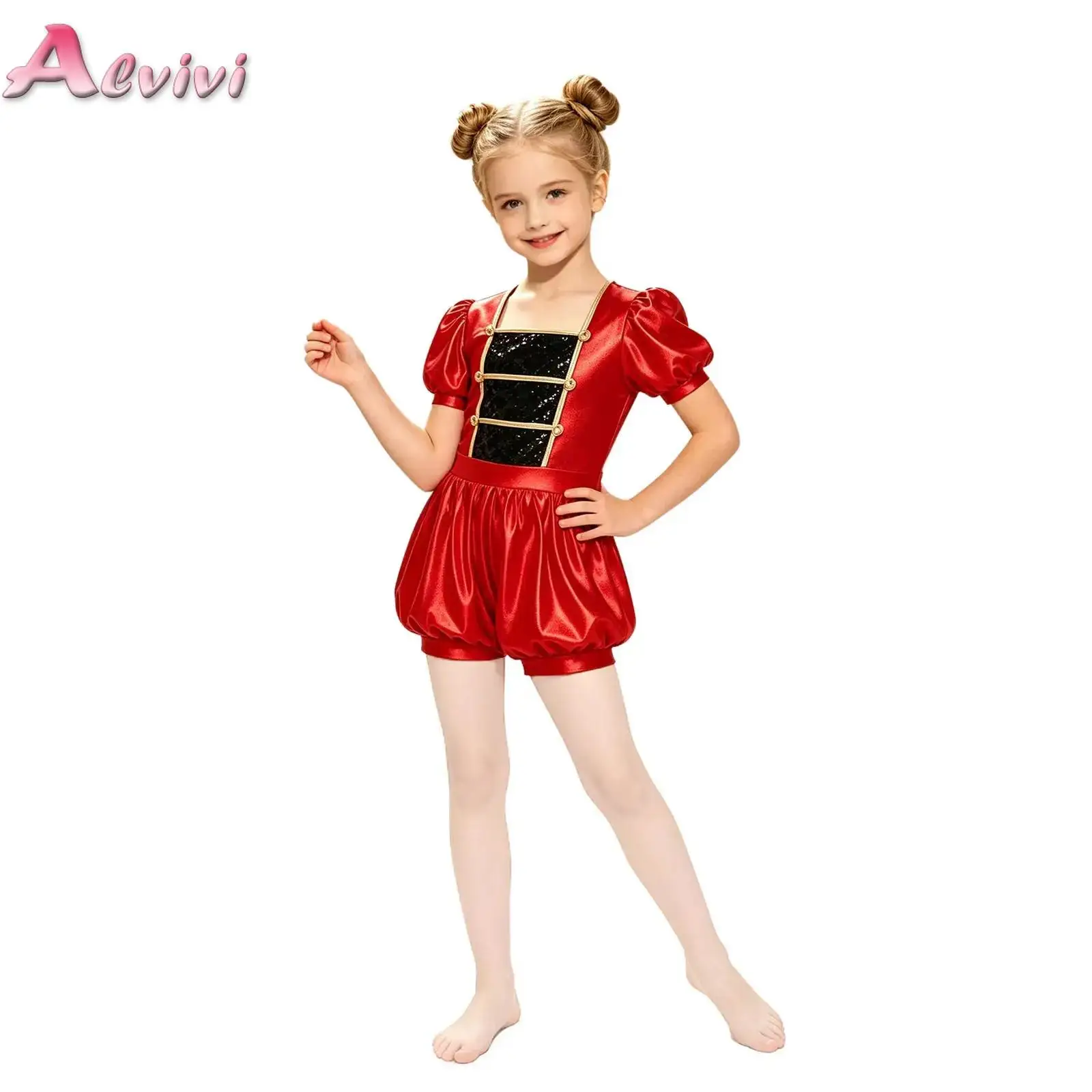Kids Girls Circus Ringmaster Jumpsuit Short Puff Sleeves Zipper Sequins Color-blocked Bodysuit Carnival Performance Costume