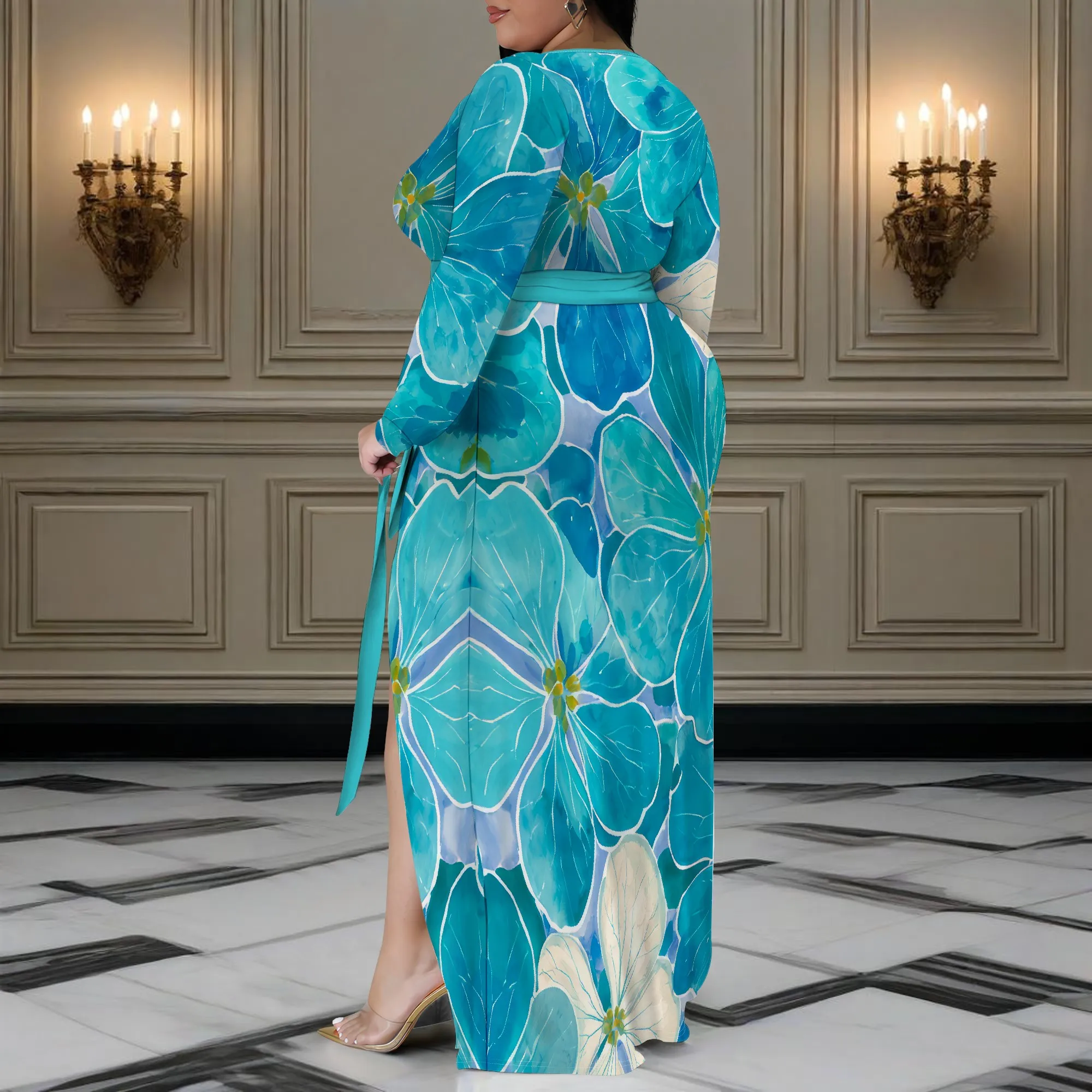 Nupusa Blue Floral Print Dress for Women Plus Size Casual V Neck Long Sleeve Belted Split Maxi Dress