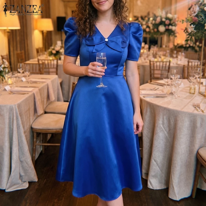 ZANZEA Vestido midi de satén de seda para mujer, vestido de fiesta con mangas abullonadas, cuello en V, vestidos con lazo en forma de A, vestidos elegantes para invitadas de boda, vestidos de cóctel para mujer