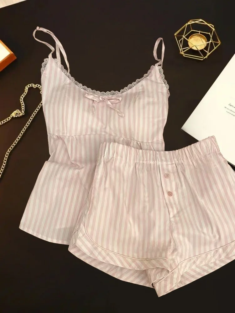

Summer New Sweet Striped ort Sve Women's Spwear Korean Sle Loose Home Clothes Set with Strap Home Comfortable Pyjamas