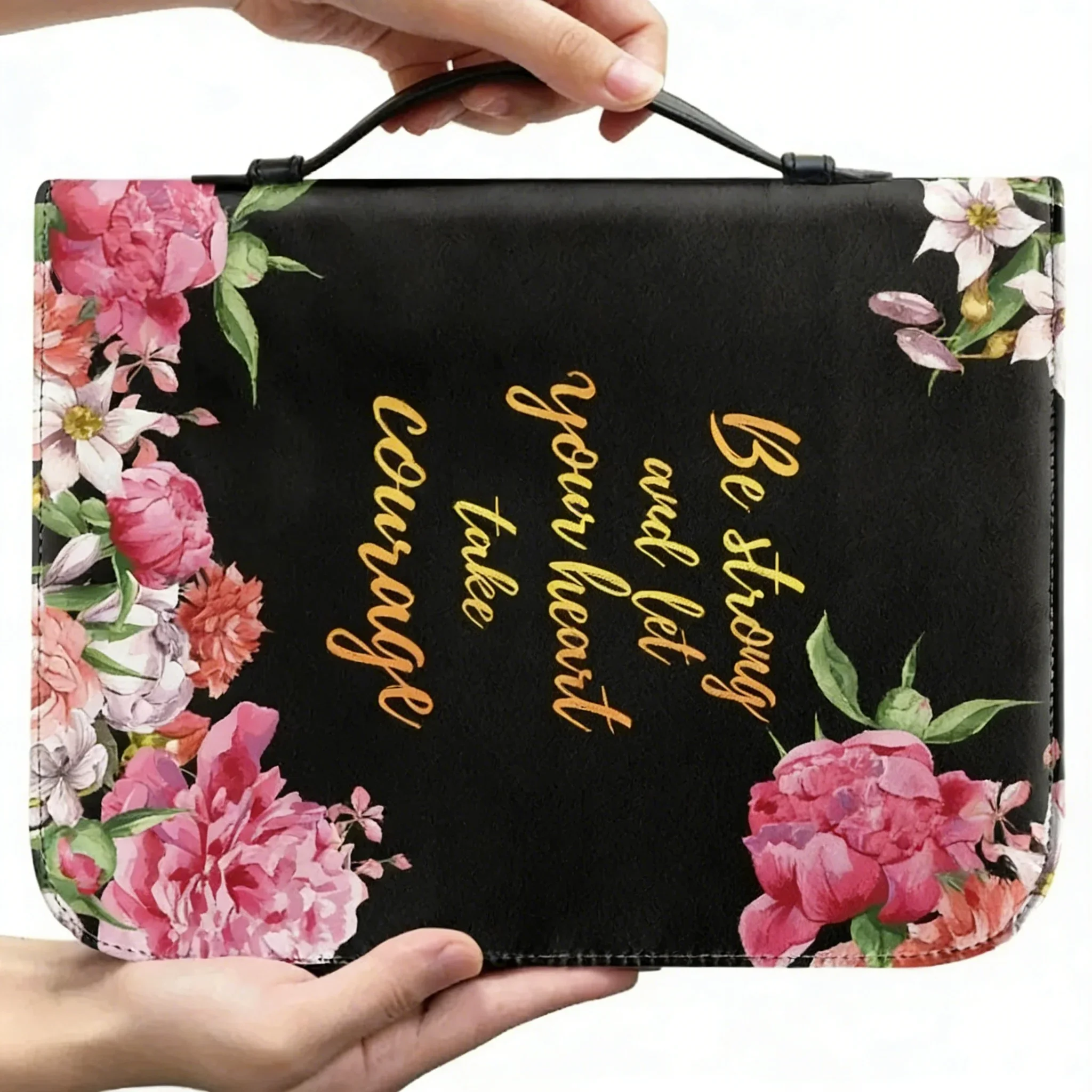 Pretty Floral Bible Verse Print Women's Christian Bags Be Strong and Let Your Heart Take Courage Words Bible Carrying Bags 2023