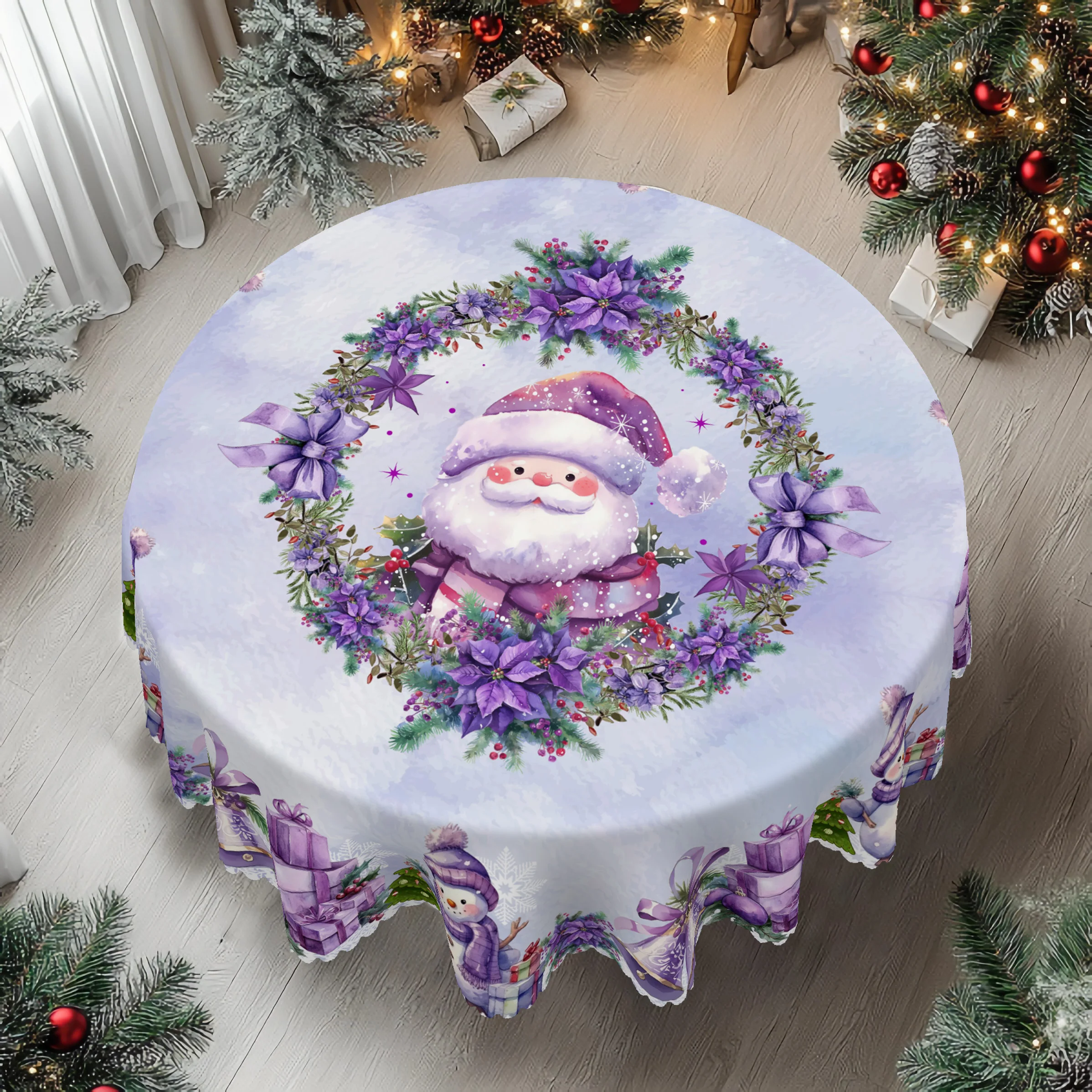 1 Piece Christmas Round and Rectangular Tablecloth, Various Sizes, Purple Tablecloth with Santa Claus, Garland and Bell Print Pattern, Christmas Garden Tablecloth Decoration for Daily Home Kitchen, Terrace Use, Gifts