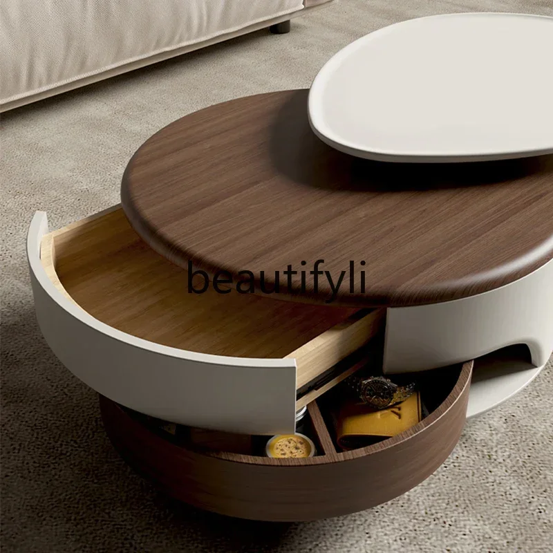 طاولة قهوة حديثة وبسيطة بلون الجوز، طاولة شاي متوسطة وعتيقة قابلة للسحب مع أدراج وطاولة ذات حافة مستديرة