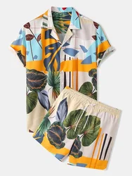 Homens havaiano camisas & shorts tropical turtle leaf print praia manga curta nadar férias conjuntos de roupas duas peças beachwear