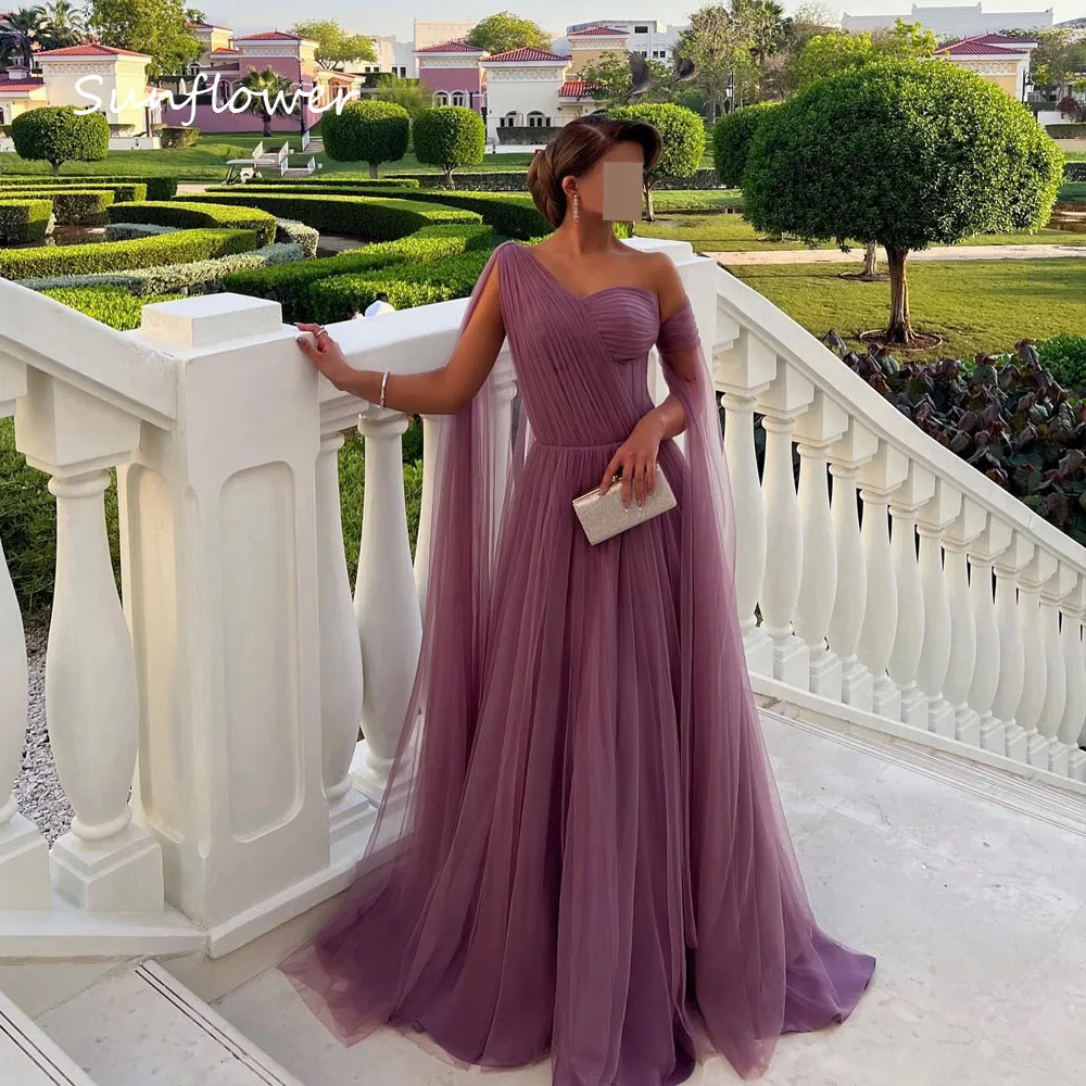 

Sunflower Simple Purple V-Neck A-LINE Formal Evening Dress Saudi Arabia 2024 Slim Bell Sleeve Tulle Floor-Length Prom Dress