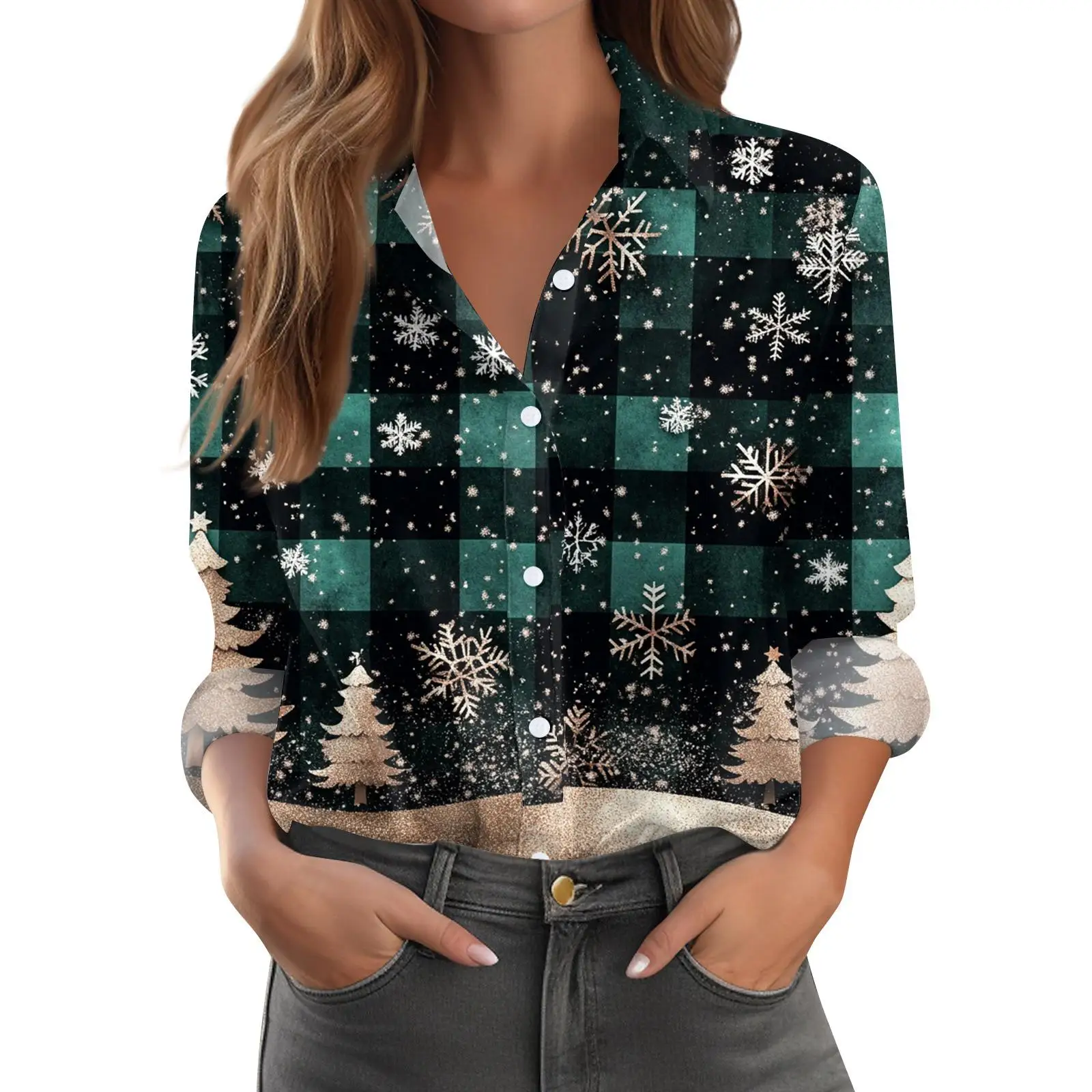 

Christmas Snowflakes Snowmen Print Women Shirts Tops Fashion Autumn New Long Sleeve Loose Blouses Ladies Christmas Party Shirts