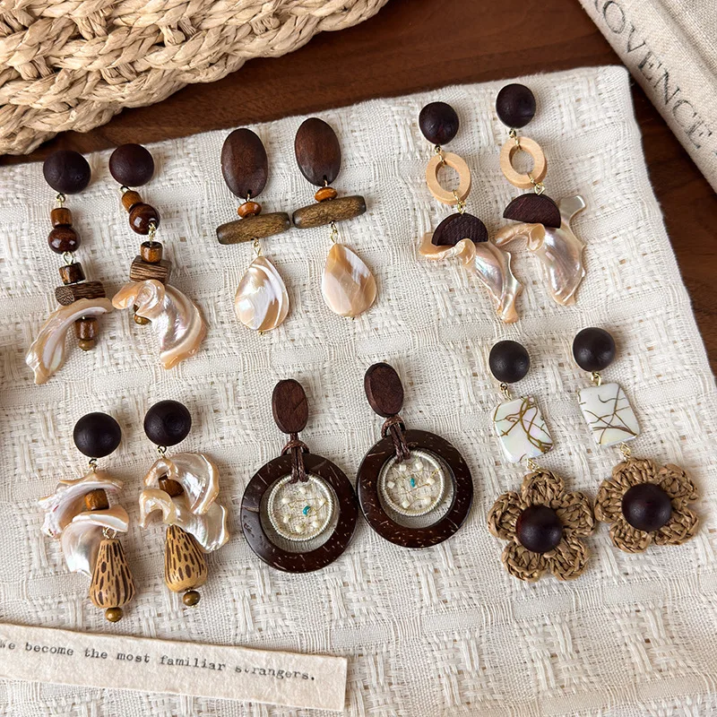 Ethnic-Style Solid Wood Fritillary Earrings; Geometric Shell-Weave Patchwork Earrings; Retro Vacation-Style Long Earrings