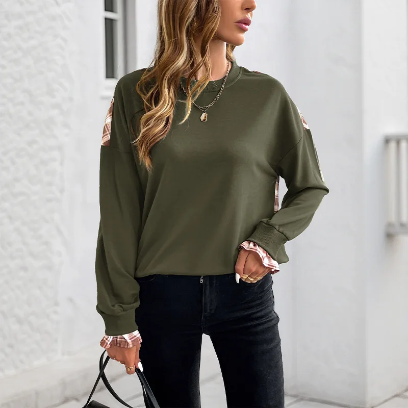 Women Sweatshirts Round Neck Full Sleeve Tops Y2k Streetwear Elegant Splice Work Plaid Regular Causal Top Autumn Winter 2026