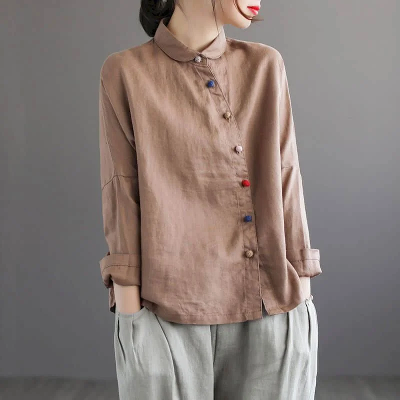 Cotton Linen Shirts Women Vintage Solid Polo-neck Loose Long Sleeve Casual Korean Style Single Breasted Blouse Women Office Tops