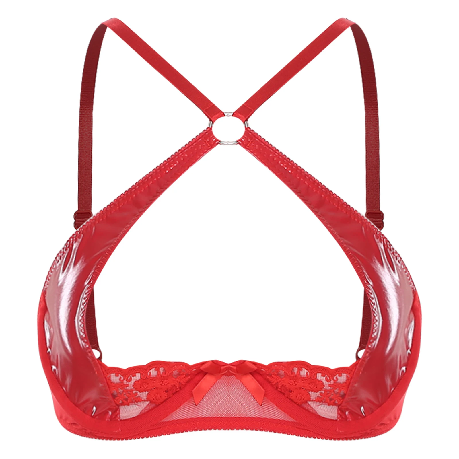 

Women Hollow Out Push-up Bra Tops Glossy PU Leather Embroidered Lace Bralette Crisscross O-ring Linked Bars Balconette Nightwear