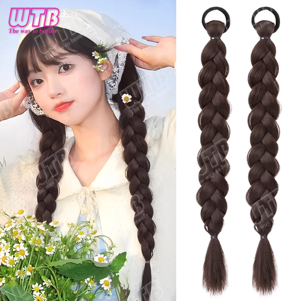 WTB Braided Ponytail Synthetic Hair Wig Elastic Tie Fluffy Smooth Braided Ponytail Suitable for Women's Daily Wear and Holidays
