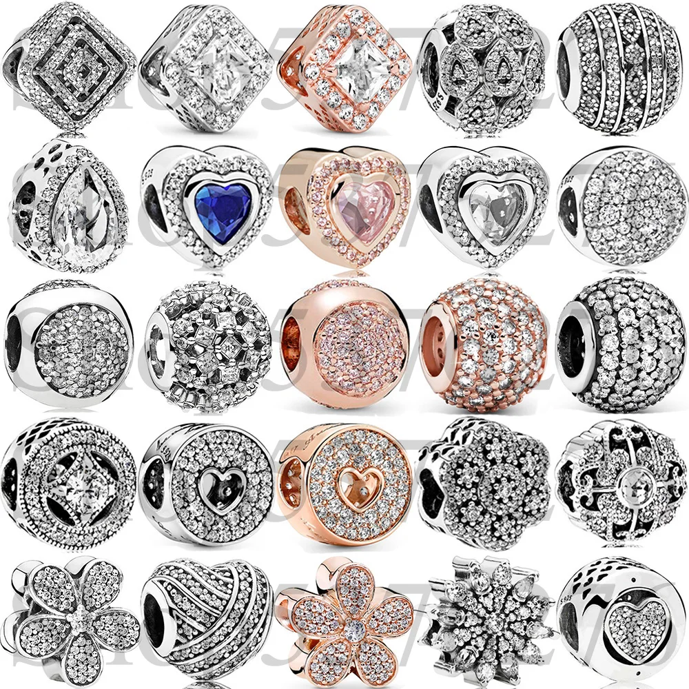 女性用925スターリングシルバービーズ,まばゆいばかりのデイジー,ハート型の球体チャーム,パンドラブレスレット,ギフト,DIYジュエリー,カスケード,魅力