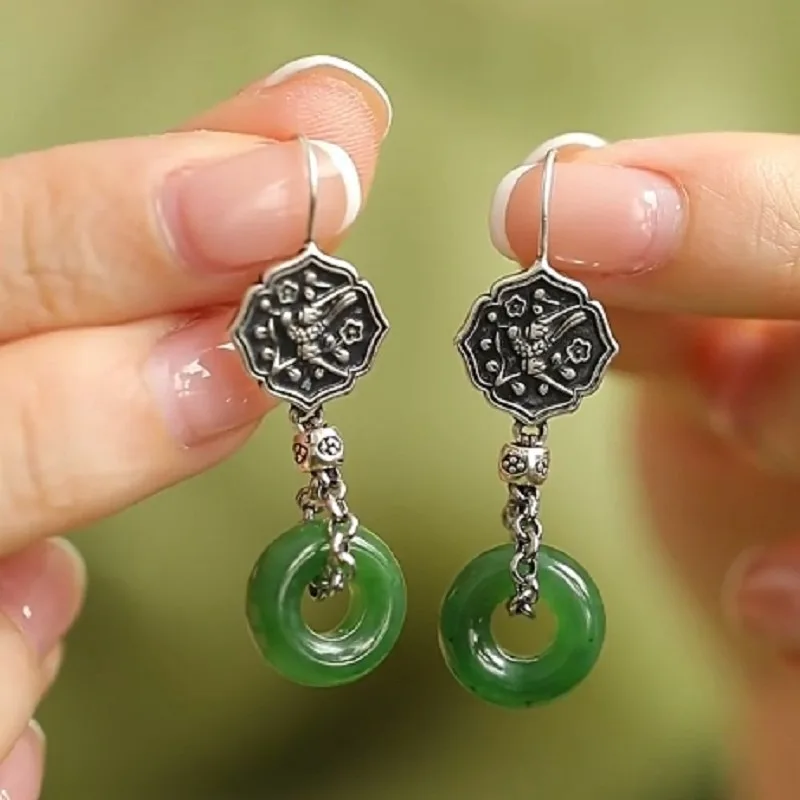 Natural Hotan Jade Green Charms Round earrings for women  925 Silver Magpie Vintage Long Earring New In Party Jewelry Gifts