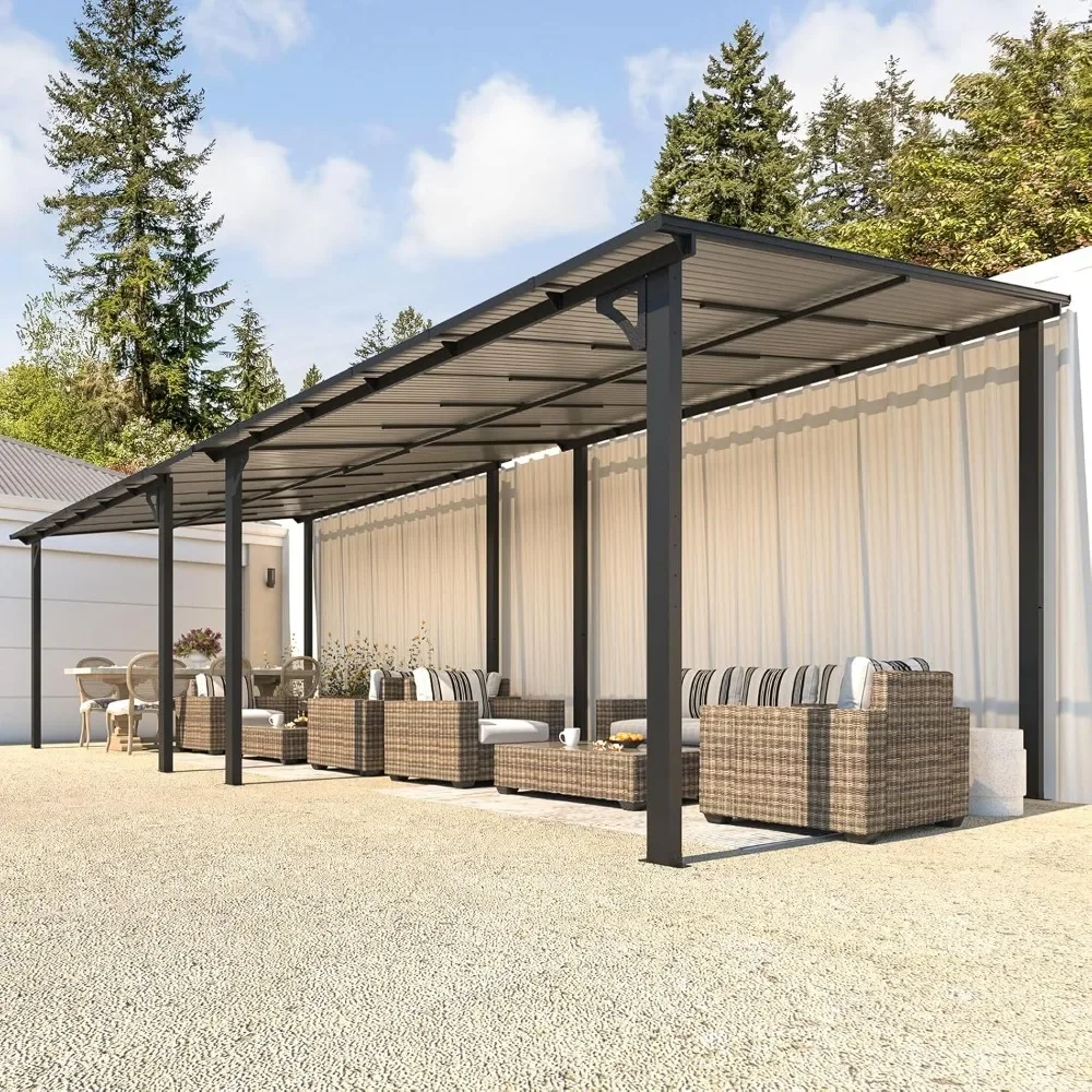 24 'x 10' terrace pavilion, large wall mounted hardtop sloping pavilion, deck heavy-duty terrace sunshade, backyard