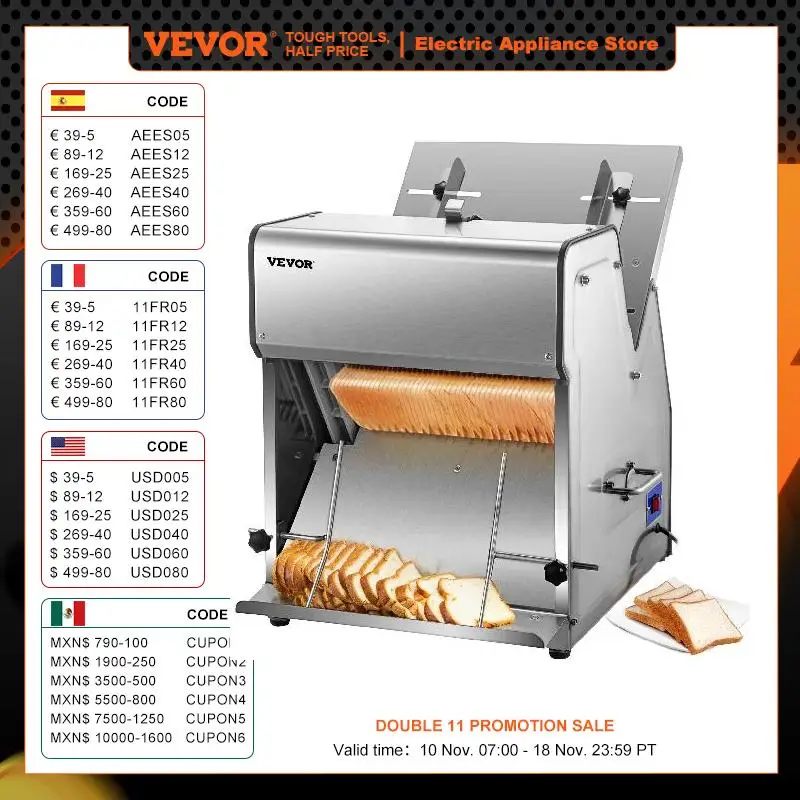 

VEVOR Commercial Bread Slicer 370W Stainless Steel 12mm Blades Electric Bread Cutting Machine Kitchen Appliance Toast Processor