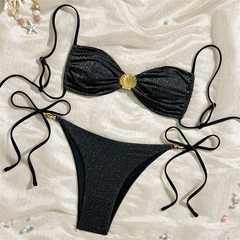 Black Shiny Bandeau Swimwear Metal Shell Bikini 2025 Micro Thong String Lace-up Sexy Swimsuit Women Bathing Suit Bikinis Sets