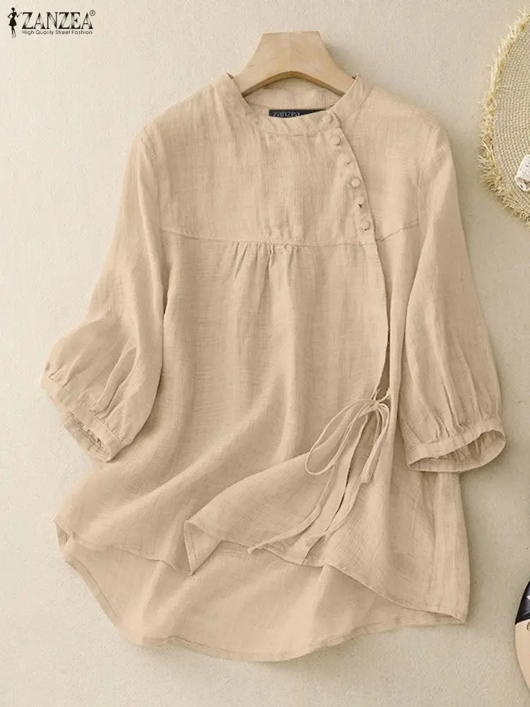 

ZANZEA 2022, осенняя офисная блузка со стоячим воротником, винтажные женские рубашки, топы на пуговицах, повседневные однотонные рабочие Blusas Mujer, оверсайз