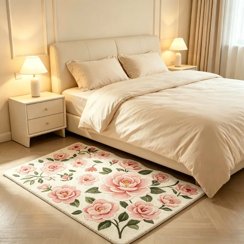 Flower Pattern Carpets for Living Room Fluffy Soft Study Floor Mat Cream Style Bedroom Decor Girl Carpet Thick Plush Bedside Rug