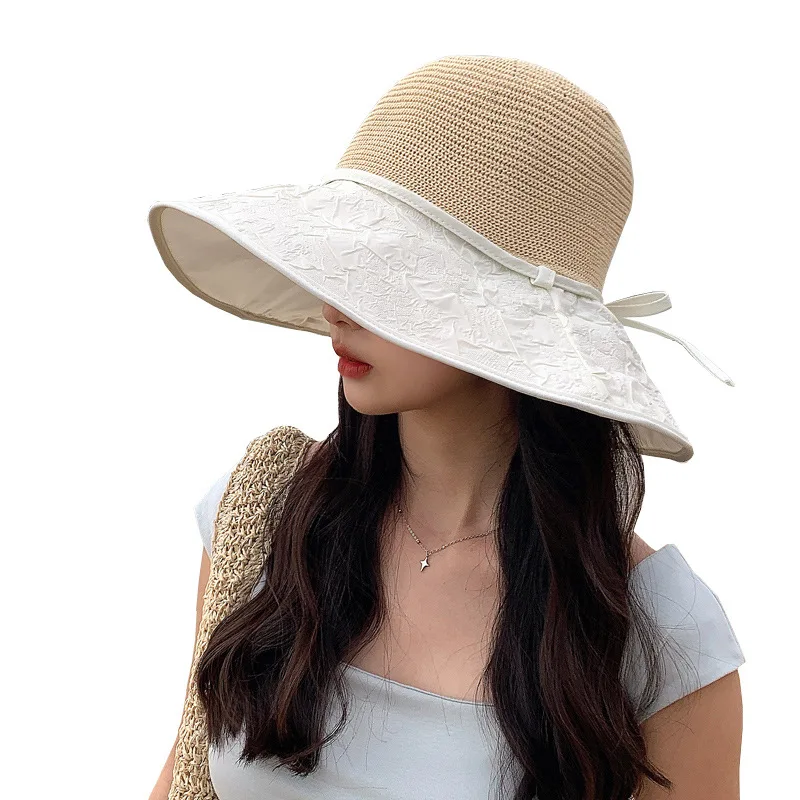 Korean Women's Fashion Embossed Mesh Eye Color Glue Protection Hat Summer Travel Vacation Wide Brim Sun New