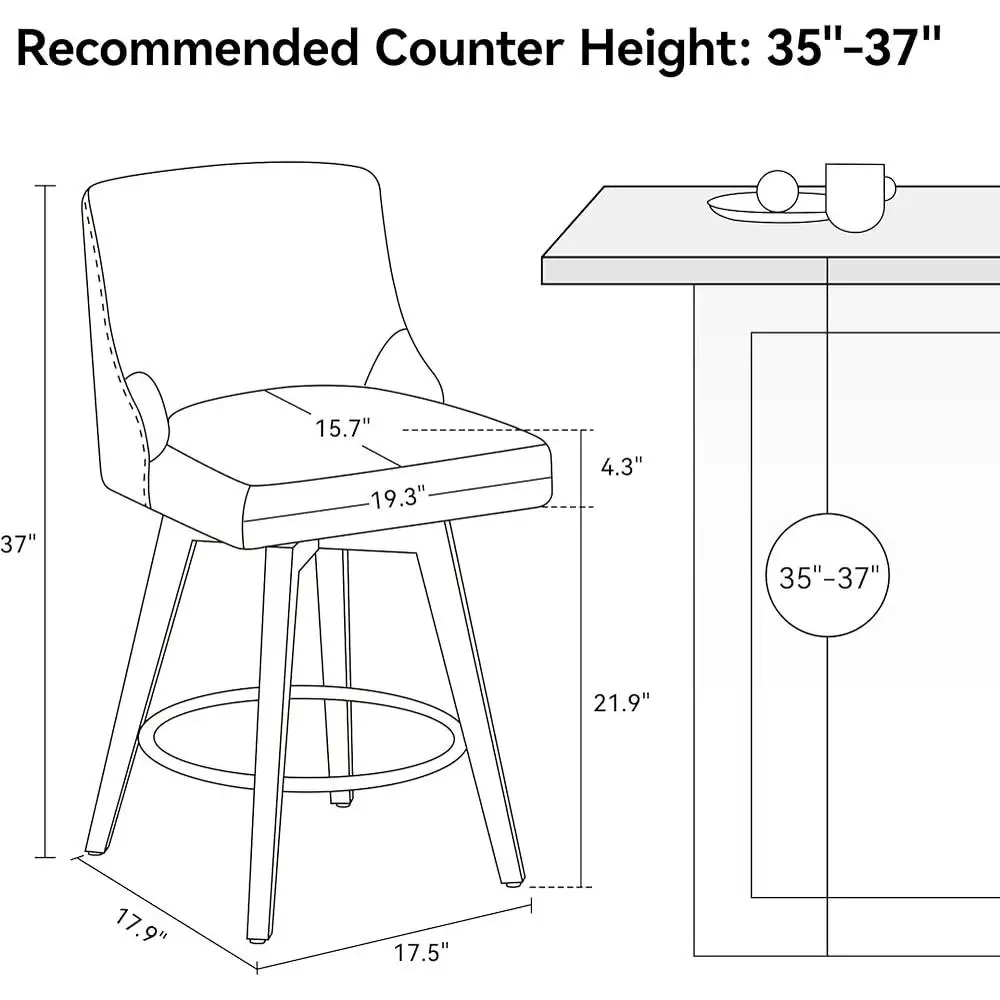 Counter Height Swivel Bar Stools Set of 2 Fabric Upholstered Modern Kitchen Stools with Back Rest Comfortable Design Home Dining