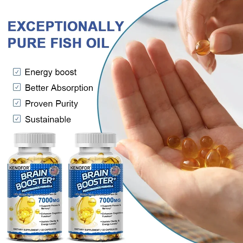 Brain Booster - with Ginkgo Biloba, Omega 3 Fish Oil DHA & EPA - for Enhanced Brain Function and Cardiovascular Health Support