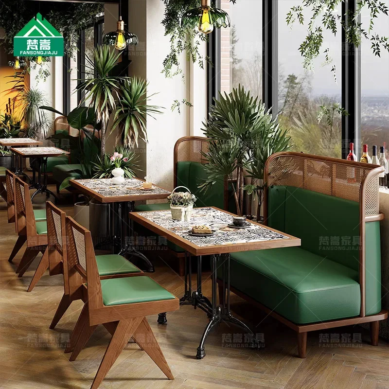 HXL Theme Restaurant Booth Sofa Tea  Hunan Cuisine Restaurant Chinese  Rattan Table and Chair Set