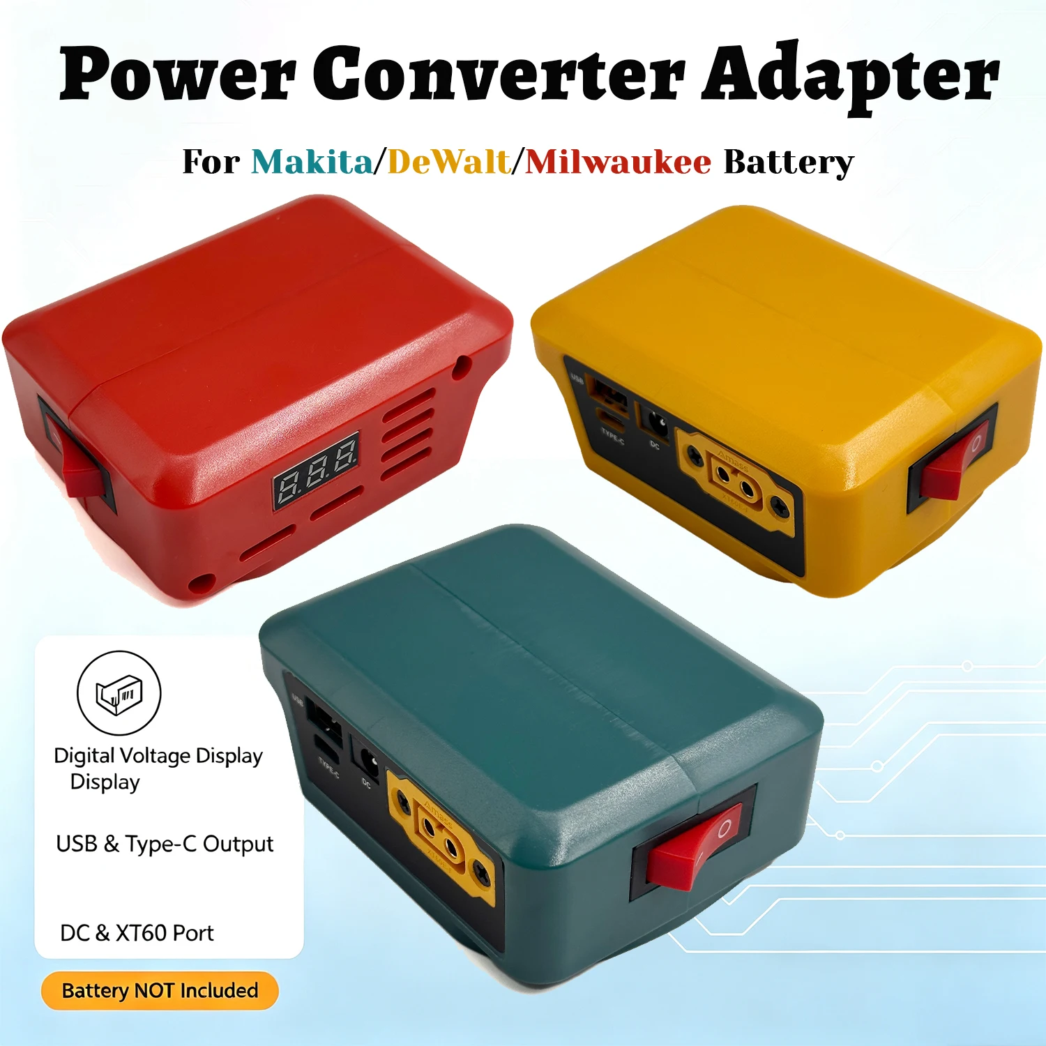 DIY Power Converter for Makita/DeWalt/Milwaukee 18V, USB-C/XT60 Bidirectional, Voltage Display, Battery Not Included