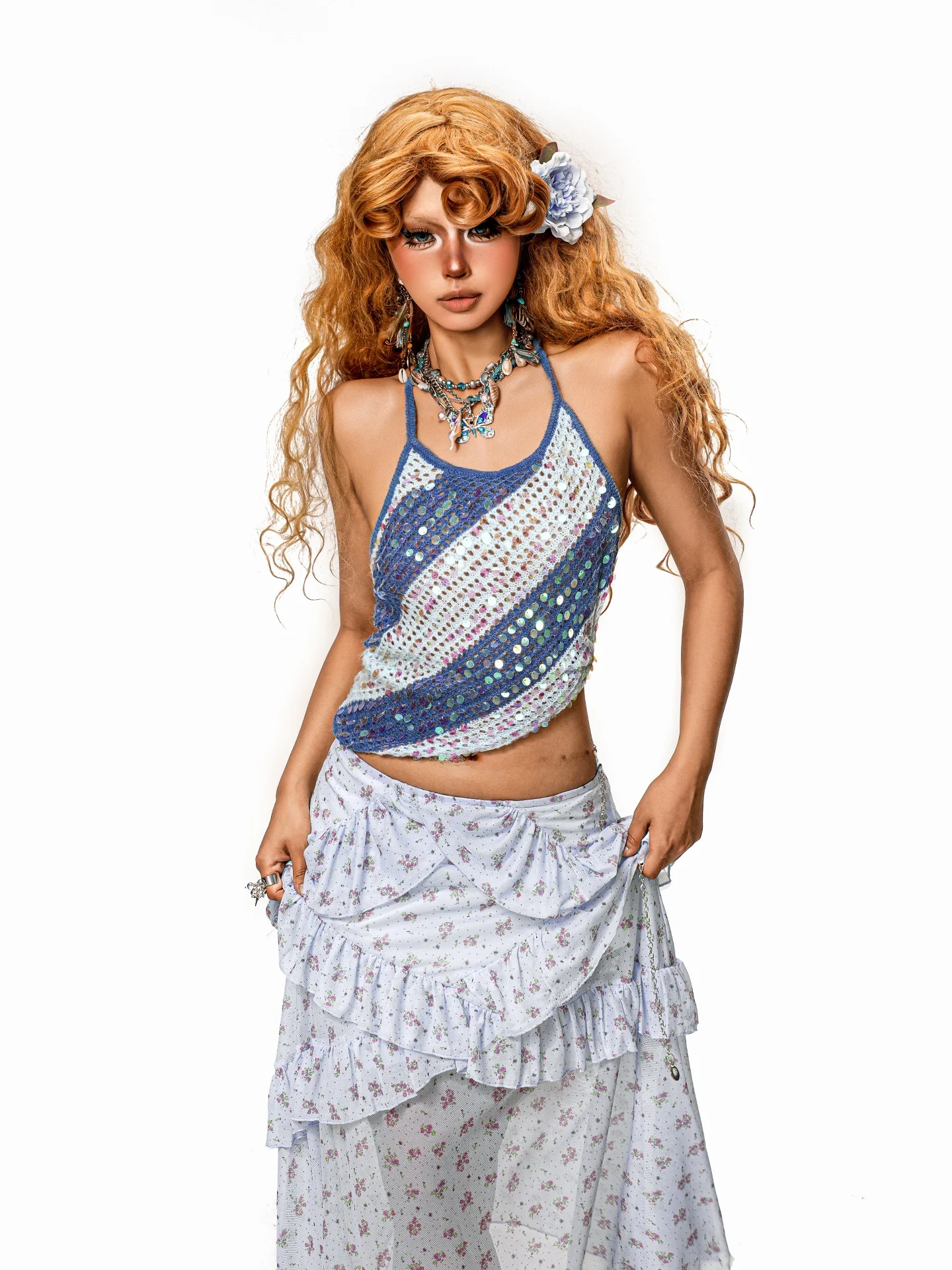 

Arielink Holiday Style Sequin Strapless Vest Women's Design Sensation Backless Sexy Top Hanging Neck Sleeveless Shirt