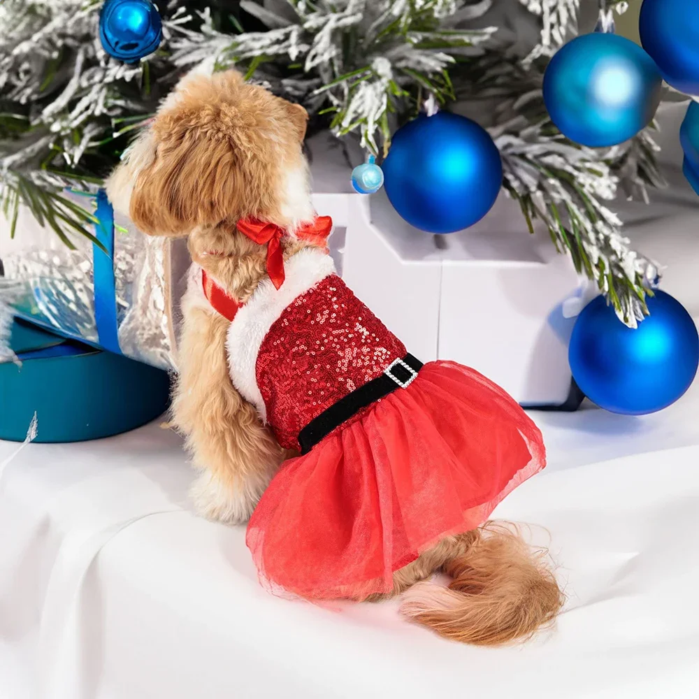 Bright Dog Christmas Cosplay Costume Sparkly Pet Tulle Dog Dress Puppy Clothes for Small Dogs Girl Red New Year Cat Apparel