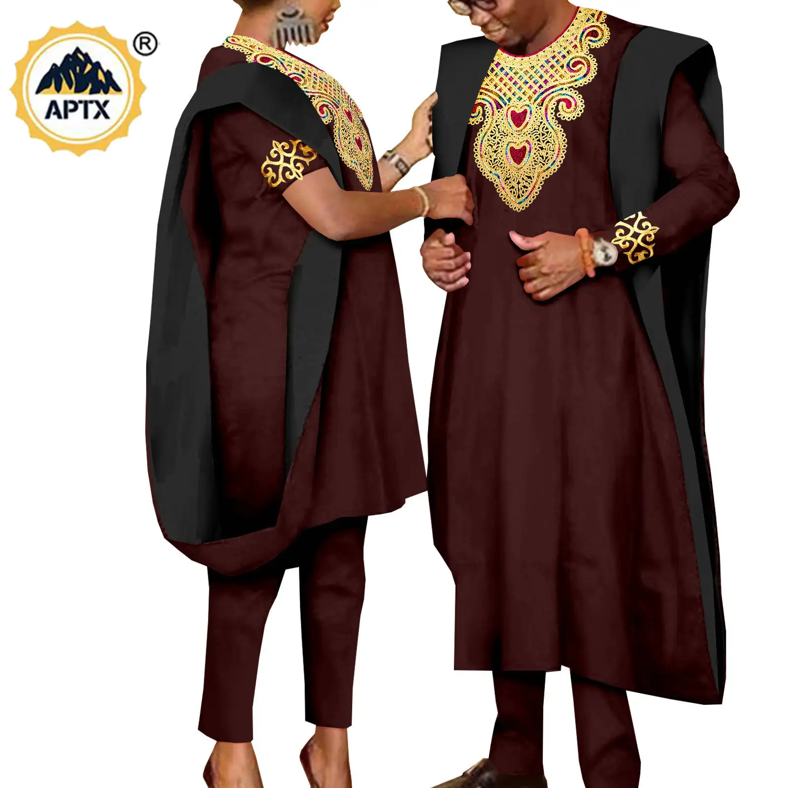 African 3 Pieces Suit for Men Matching Couple Outfits Agbada Dashiki Women Muslim Sets Bazin Riche Applique Robes Asoebi Y23C029