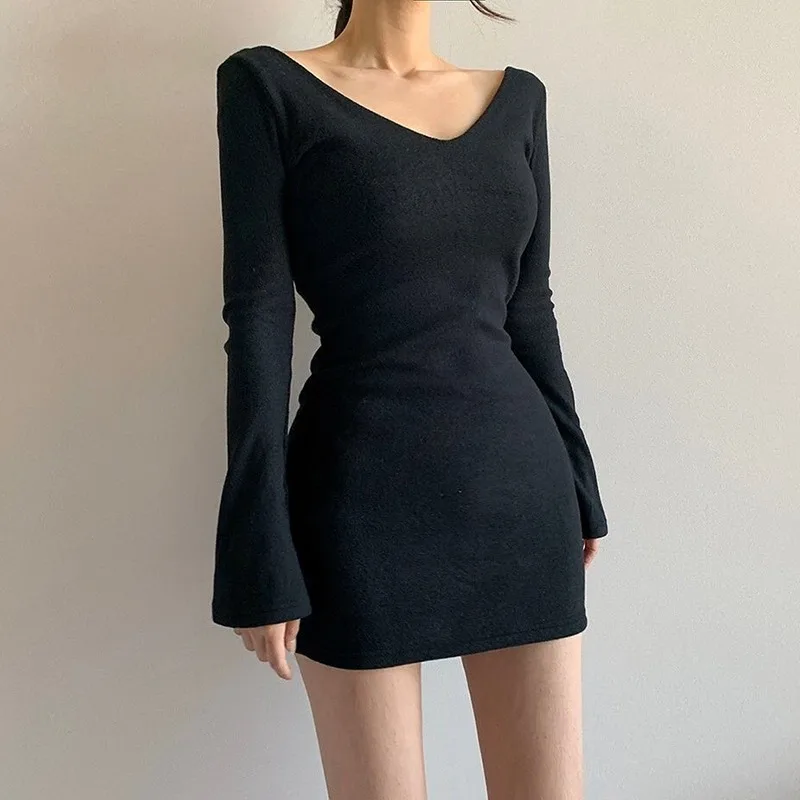 Vestido Casual con cuello en V delantero y trasero para mujer, vestidos de suéter elegantes de manga larga, temperamento, moda de otoño e invierno, nuevo