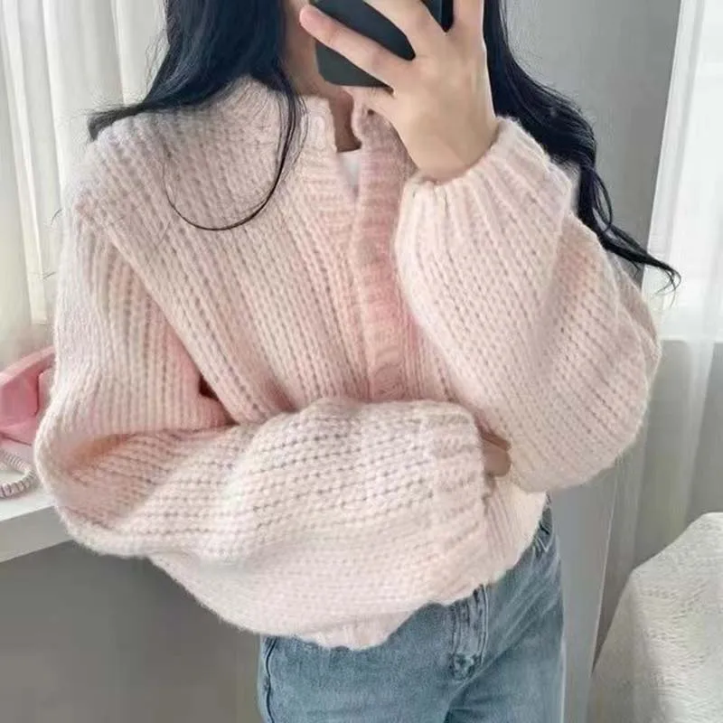 Autumn Winter Solid Knitted Cardigan Women Korean Cropped Sweaters Fashion Casual Soft Sweet Office Lady Jumpers Outerwear