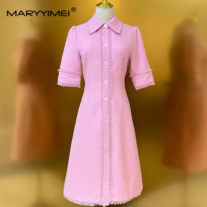 

MARYYIMEI Autumn Pink/Sky blue/White Women's Dress Turn-Down Collar Long-Sleeved Single-Breasted Elegant Cotton Midi Dresses