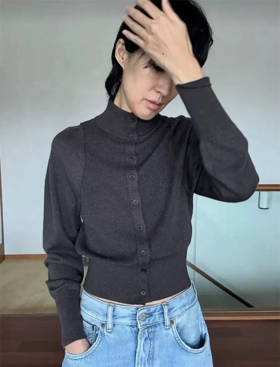 

Облегающий вязаный кардиган Preon Work Commute Sle Лоскутный воротник-стойка Длинный Sve ort Длина Цветная застежка на пуговицы