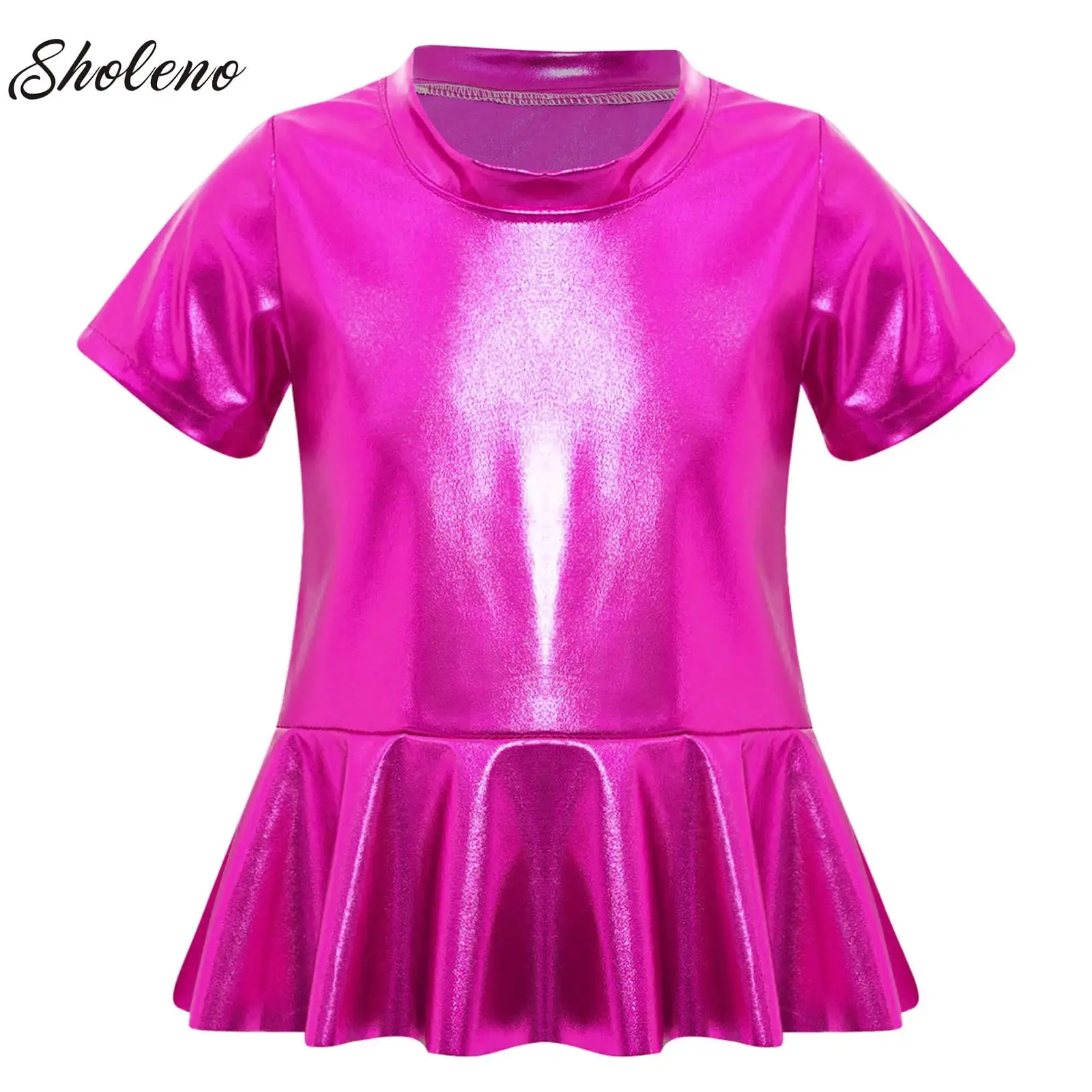 

Kids Girls Cheerleading Jazz Dance Tops Stage Performance Costume Metallic Peplum Top Round Neck Short Sleeves Shiny T-shirt