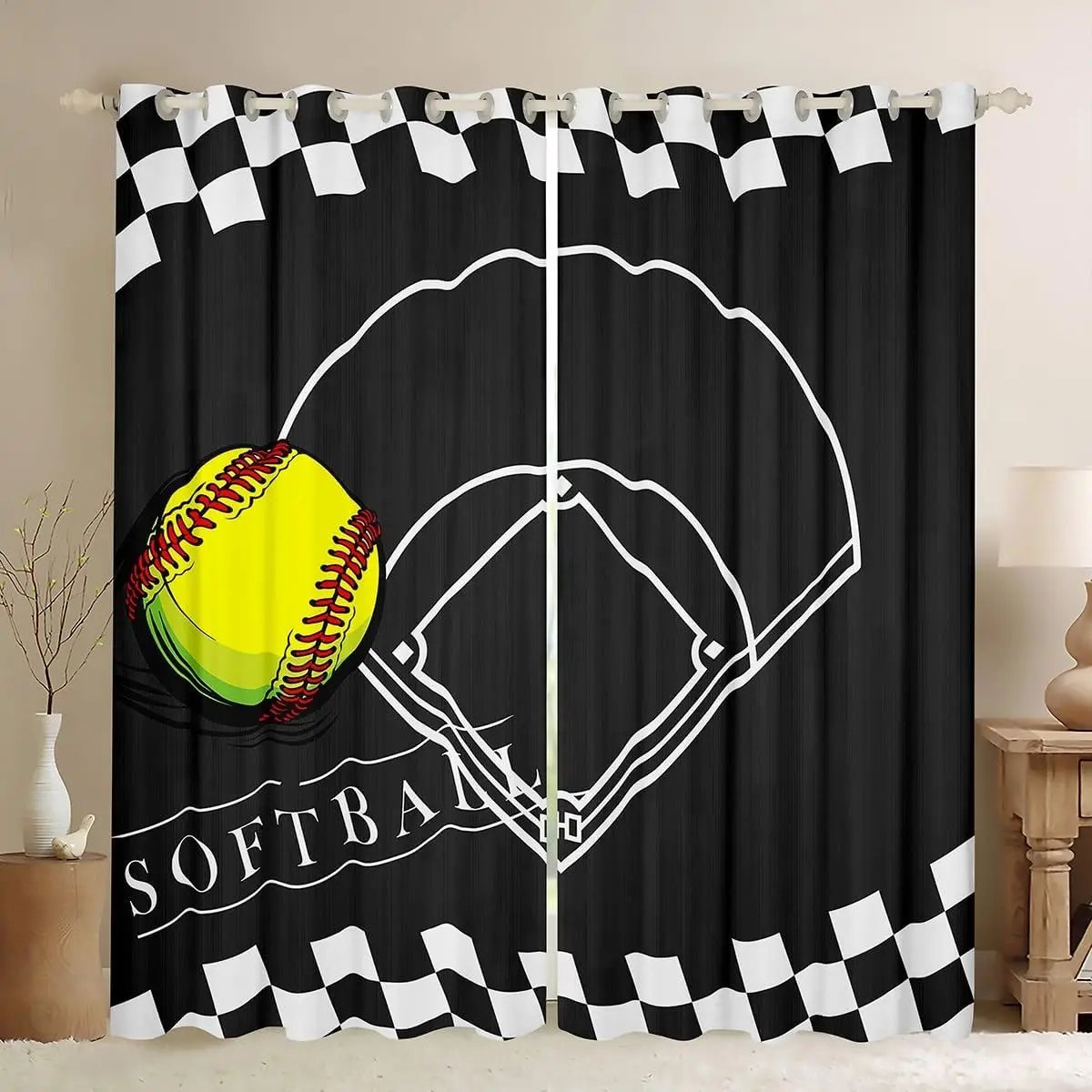 2 Panel Black Line Sports Curtain Skateboard Basketball Baseball Football Curtain Boys Bedroom Kitchen Window Grommet Top Drape