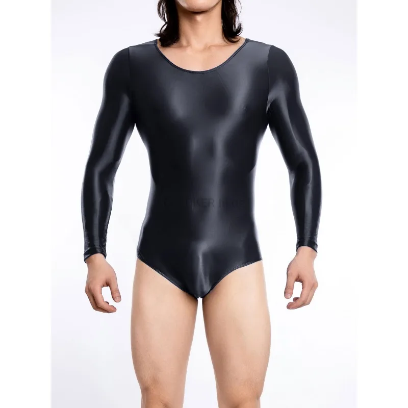 

Men's Shiny Long Sleeve Bodysuit See Through U Bulge Pouch Thong Yoga Tights Stretchy Leotard Glossy Sheer Bodysuit