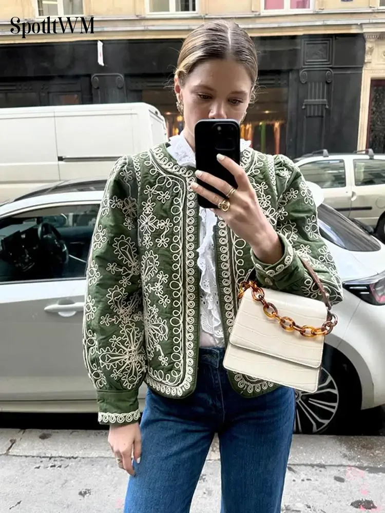 Abrigo de algodón con cuello redondo y estampado Vintage para mujer, chaqueta de manga larga con puntada abierta, prendas de vestir exteriores versátiles elegantes para mujer, Otoño e Invierno