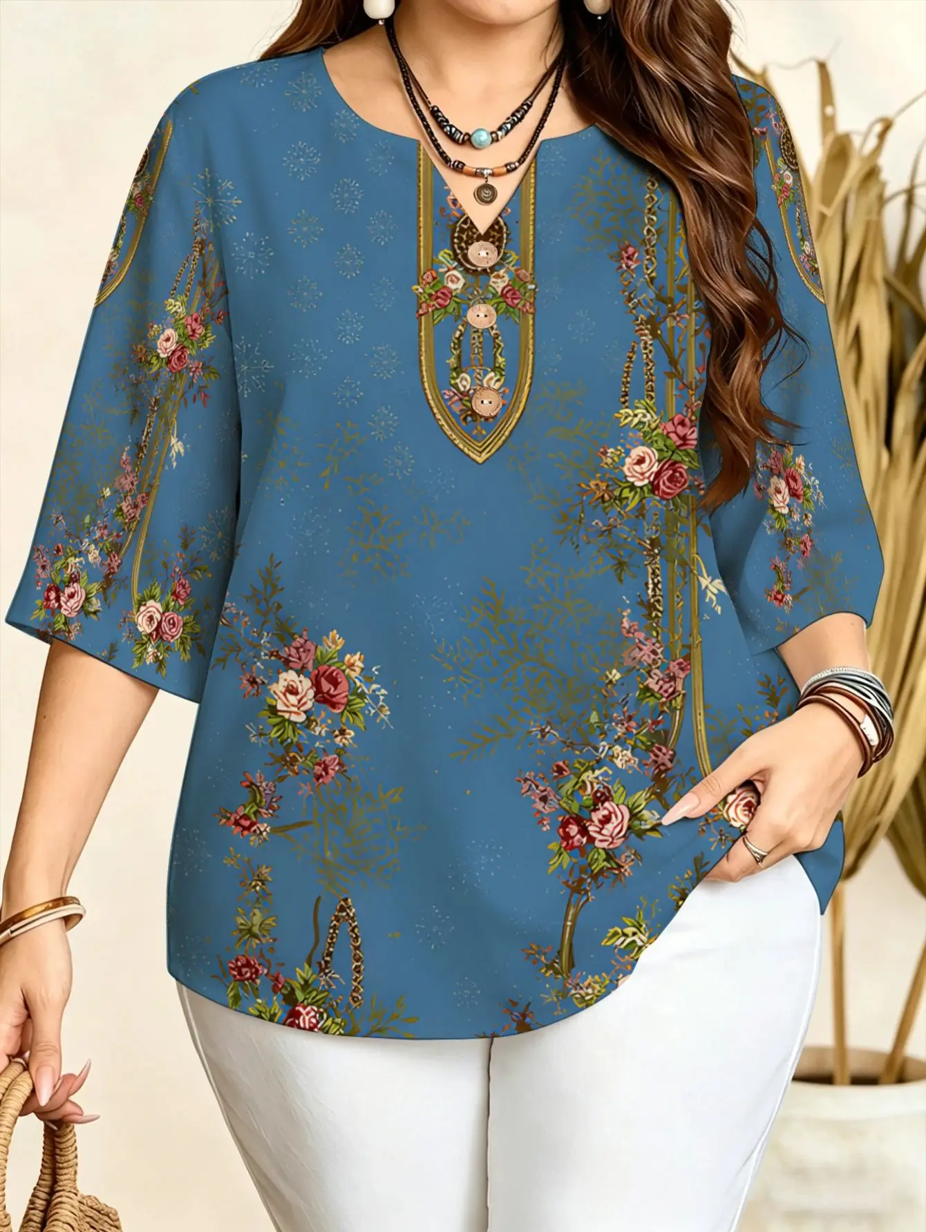 Multi Style Floral & Cute Pig Print Women Blouse Notch V Neck 3/4 Sleeve Casual Shirts Vintage Cartoon Animal