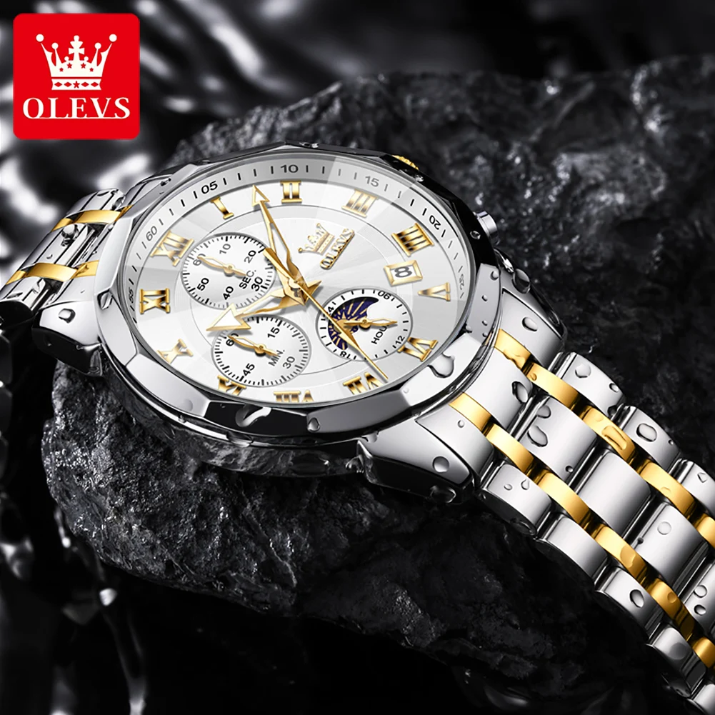 OLEVS 3675 Men Watch Top Original Luxury Quartz Watch HD Rhombus Mirror Waterproof Moonphase Chronograph Gift Men Watch Reloj