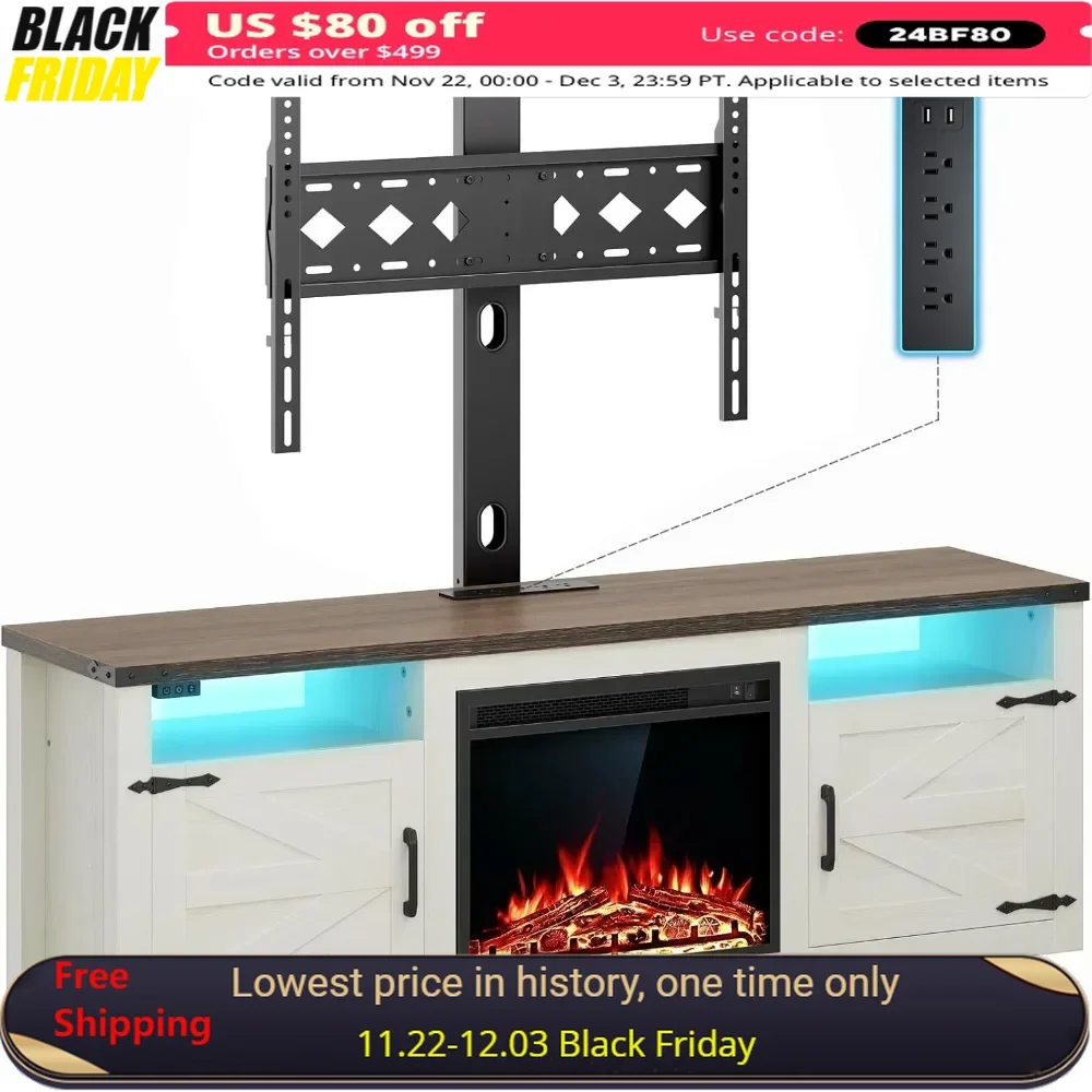 Fireplace TV Stand with Mount & Charging Station LED Lights Farmhouse TVs Console with Barn Door Electric Fireplace TV Console