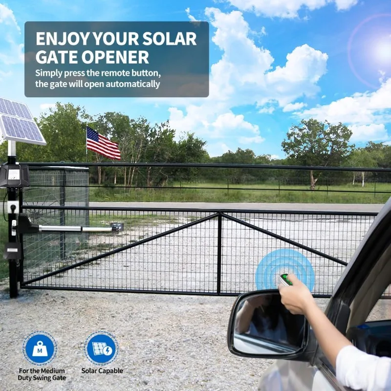 Solar Single Swing Gate Opener Medium  Electric Driveway Gate Operator AC Powered with Solar Panel Remote Control Kit，home.