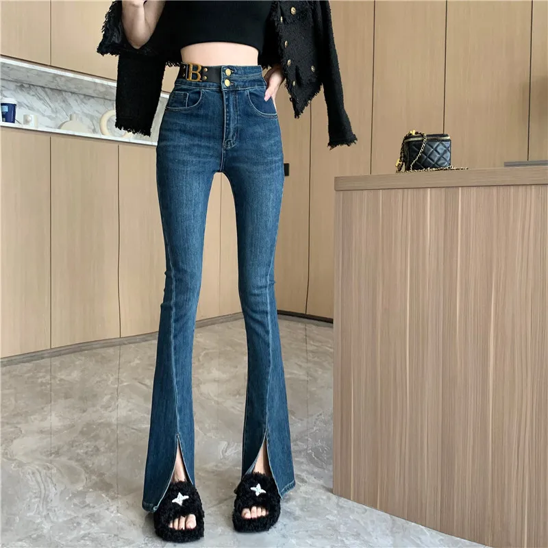 

Streetwear Denim Flare Pants For Women High Waist Solid Minimalsit Trousers Female Autumn Fashion Clothing New 2023 Spring