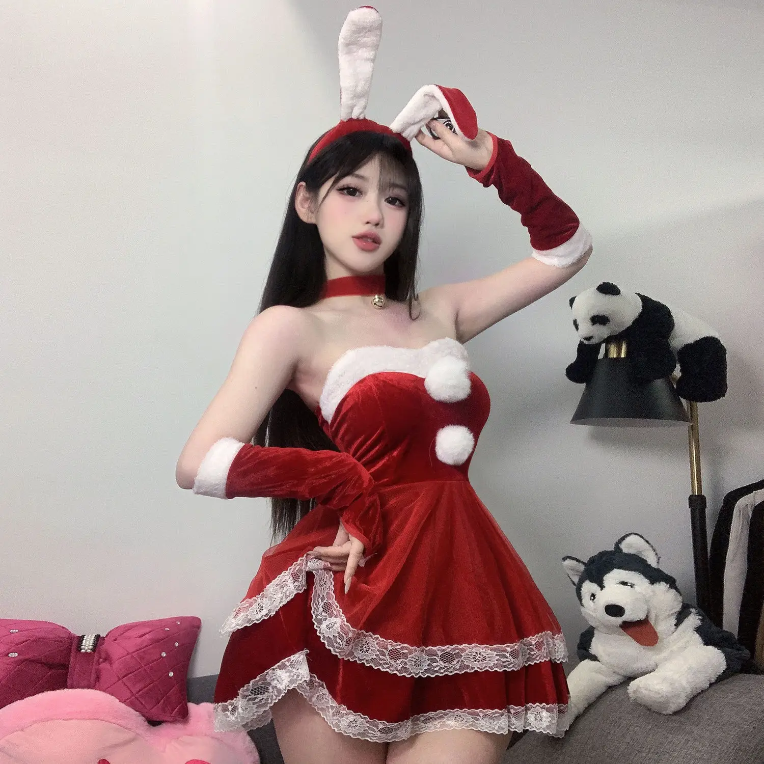 女性のためのウサギの耳のコスプレドレス,セクシーなチューブトップ,ロールプレイ,赤,ピンク,スパイス,クリスマス,コス