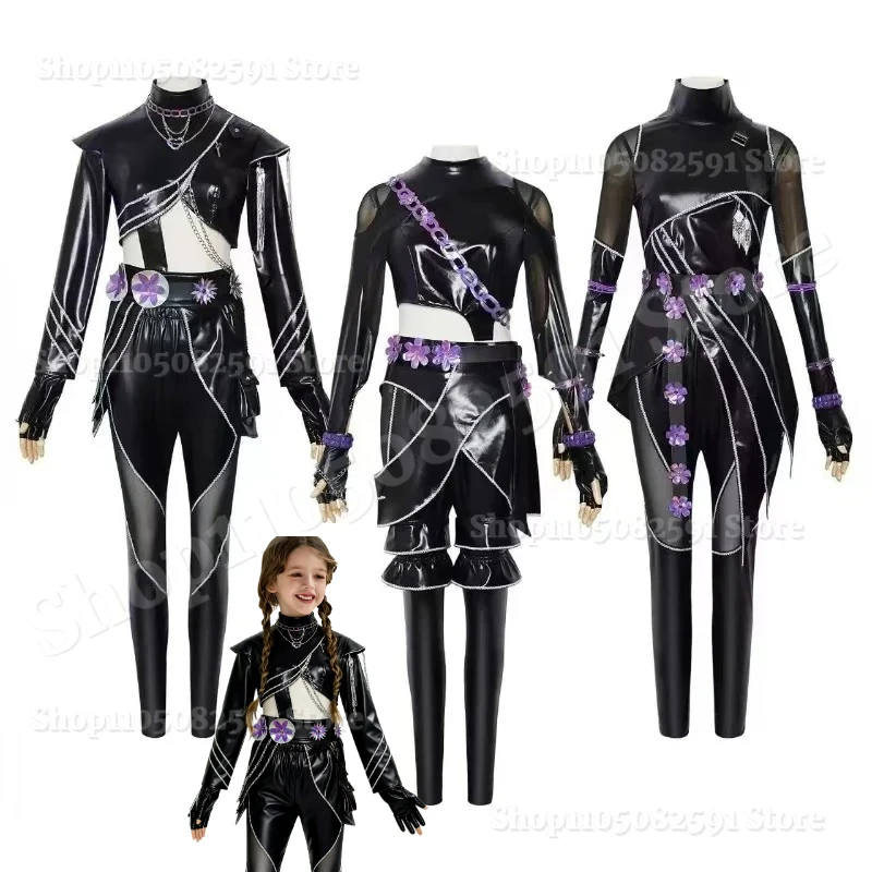 

2025 Halloween Black Golden Rumi Zoey Mira Cosplay KPop Demon Hunters Cosplay Costume Wig Girls Suit Child Halloween Party