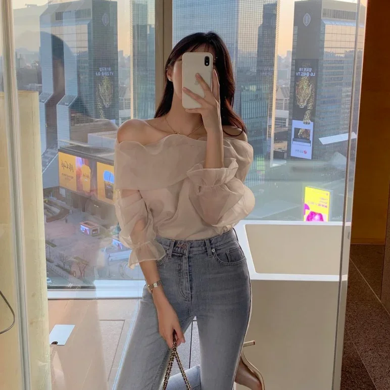 Woherb Slash Neck Long Sleeve Shirt Women Elegant Off Shoulder Korean Chic Blouse See Through All-match Tops Blusas Mujer