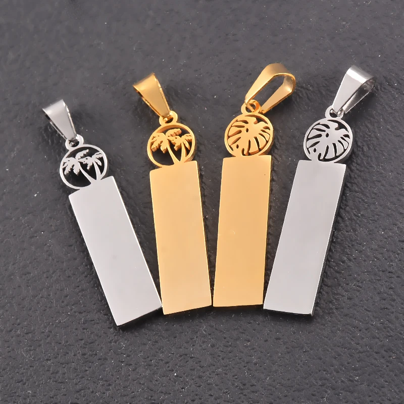 5pcs Stainless Steel Leaf Flower Pendant Necklaces Minimalist Plant Rectangle Charms Blank Dog Tags for Jewelry Making 2 Colors