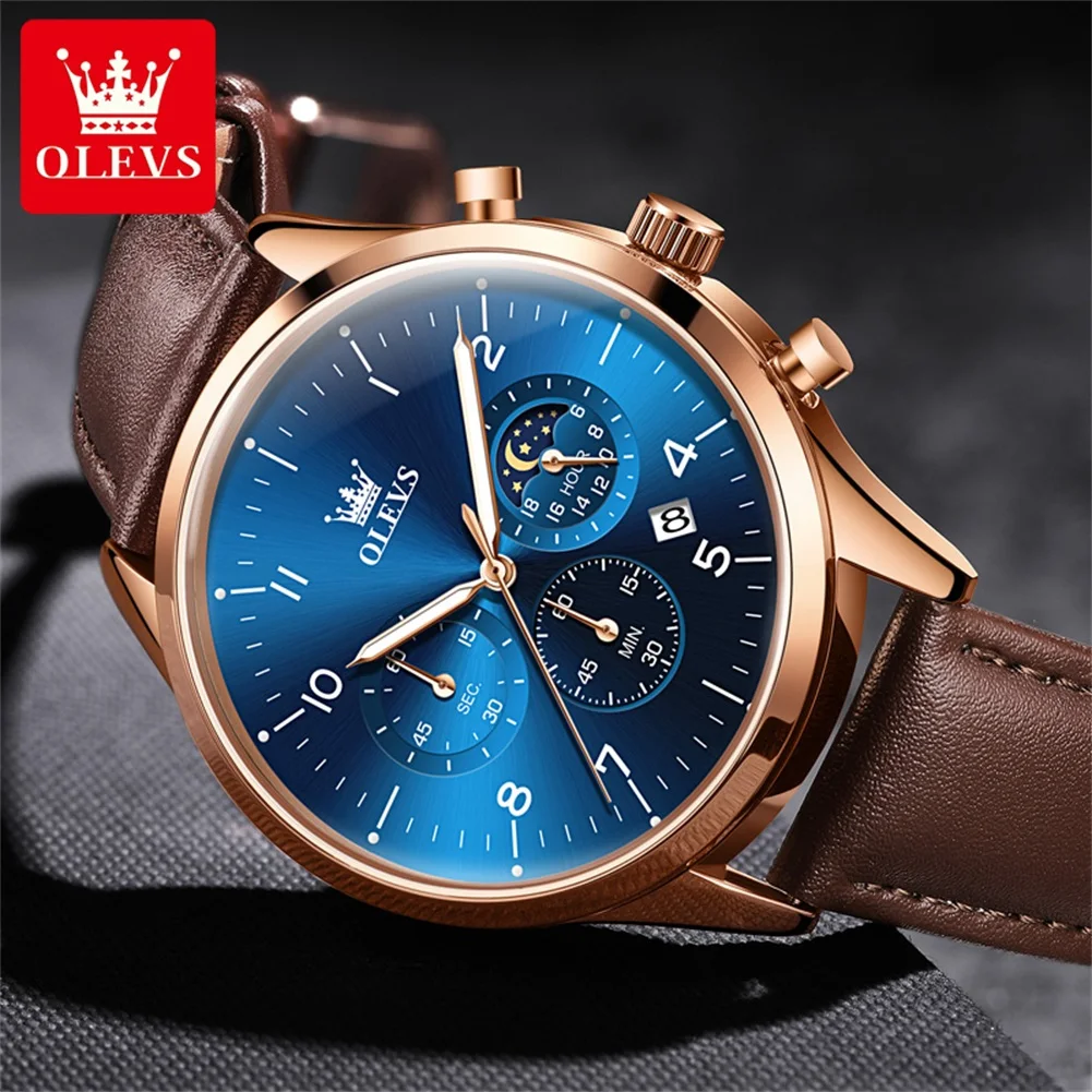 OLEVS-Relógio de quartzo impermeável masculino, pulseira de couro, lua fase, cronógrafo luminoso, relógio de pulso masculino, marca original